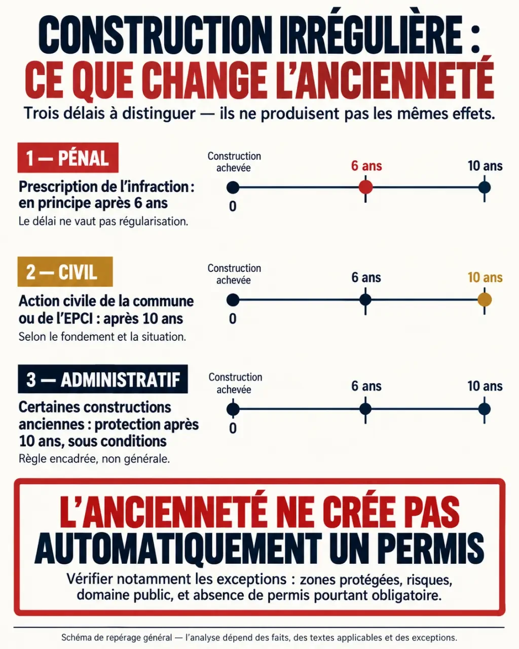 Infographie sur une construction illégale de plus de 40 ans et les différents délais de prescription
