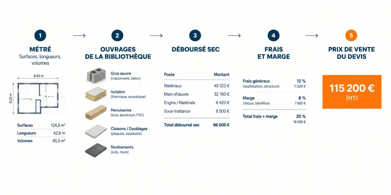 Schéma de la chaîne de chiffrage BatiChiffrage, du métré au prix de vente du devis dans le bâtiment