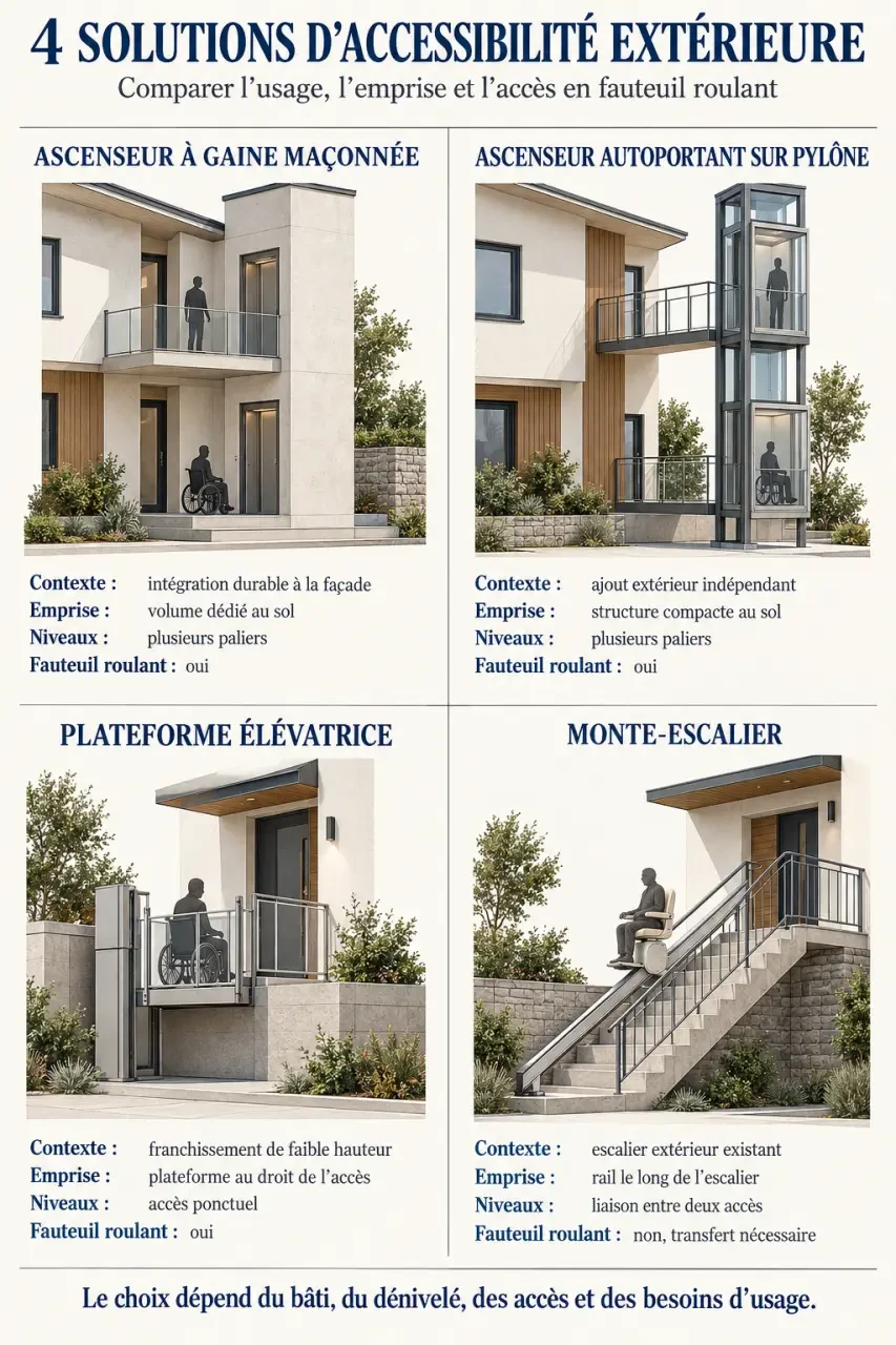 Comparaison des solutions d’ascenseur extérieur maison, plateforme élévatrice et monte-escalier