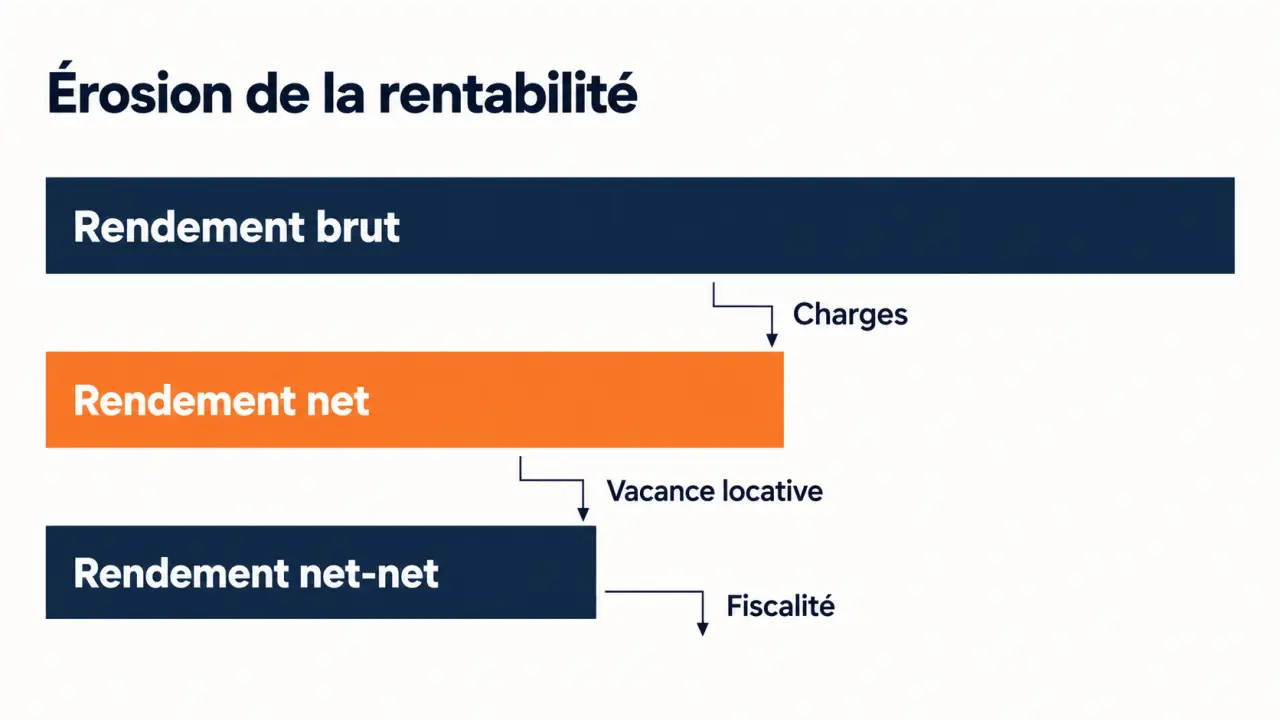 Schéma de l'érosion du rendement brut au net-net pour optimiser la rentabilité de vos projets immobiliers professionnels et commerciaux