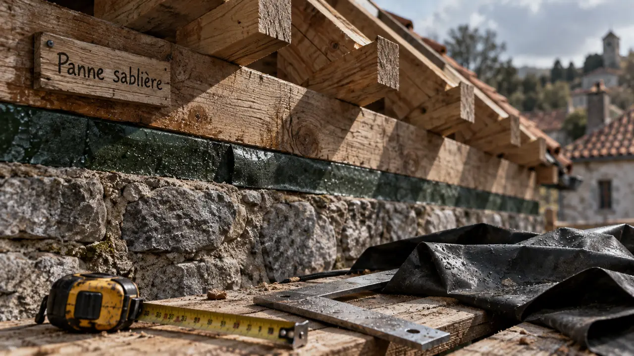 panne sabliere bois sur mur, dégâts d’humidité et EPDM froissée