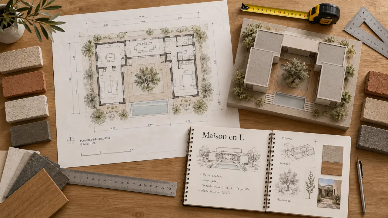 Plans maison en u, vue en surplomb du plan d’architecture en U